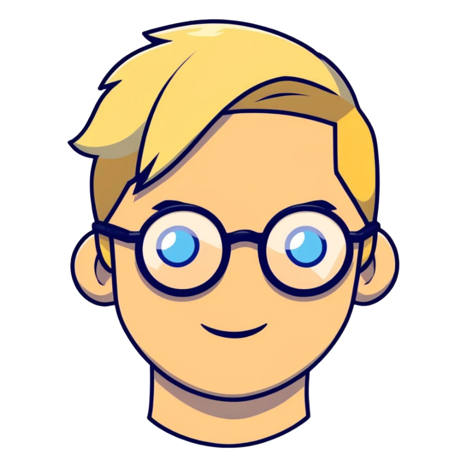 Man with blonde ponytail, round glasses and blue eye sticker