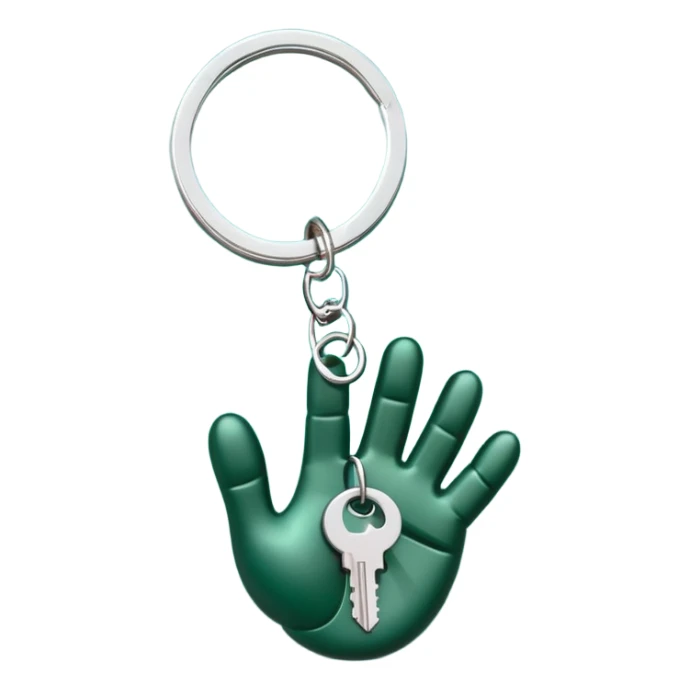 keyring with keys on a dark green palm-shaped keychain sticker