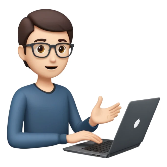 A dark-colored laptop with the screen open. From the screen, a person is emerging, giving a lecture or teaching. The person should look expressive and in a teaching pose. Soft shadows, semi-3D emoji style, clean background. Online course sticker