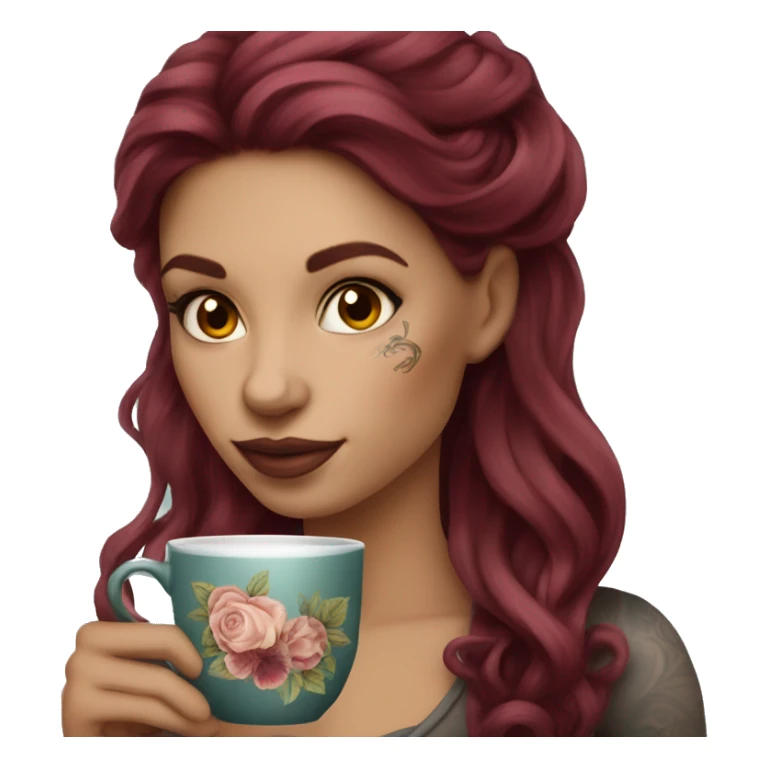 Beautiful tattooed  burgundy long haired woman sipping tea sticker