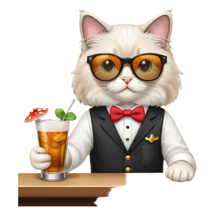 One ragdoll cat with sunglasses selling mushrooms in a bar sticker