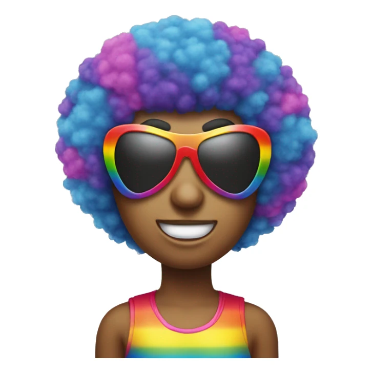 A nervous emoji with heart shaped sunglasses and a rainbow Afro wig sticker