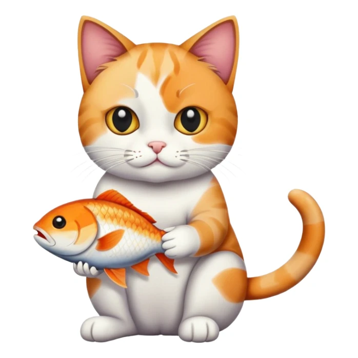 cat full body sitting with black eyes eating a fish sticker