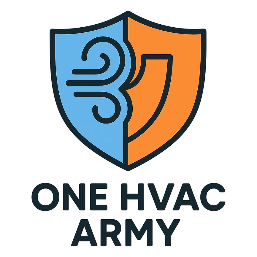 abstract HVAC swirl forming a shield logo for One HVAC Army, clean lines, blue and orange colors sticker