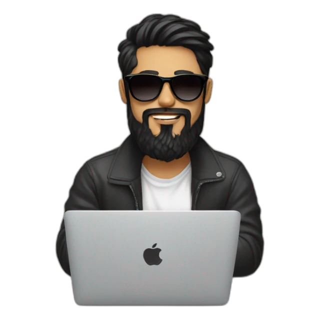 Designer with black hair, beard and round sunglasses working with MacBook and drinking cappuccino  sticker