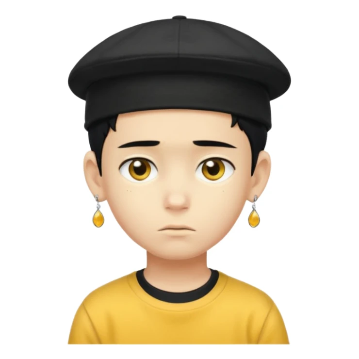Create me an emoji like that, sad, with earrings, a black cap backwards, yellow skin like an emoji, and short hair down to the nape of my neck. Let it be a boy sticker