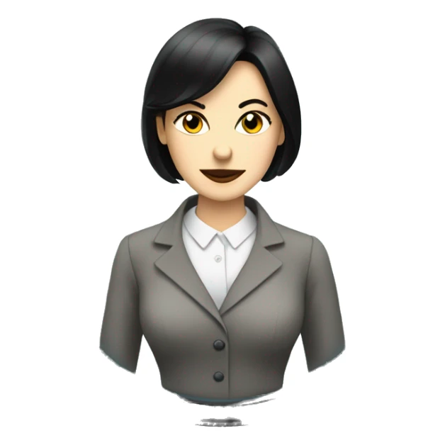 a well dressed white woman, black hair, with a text bubble and a clock sticker