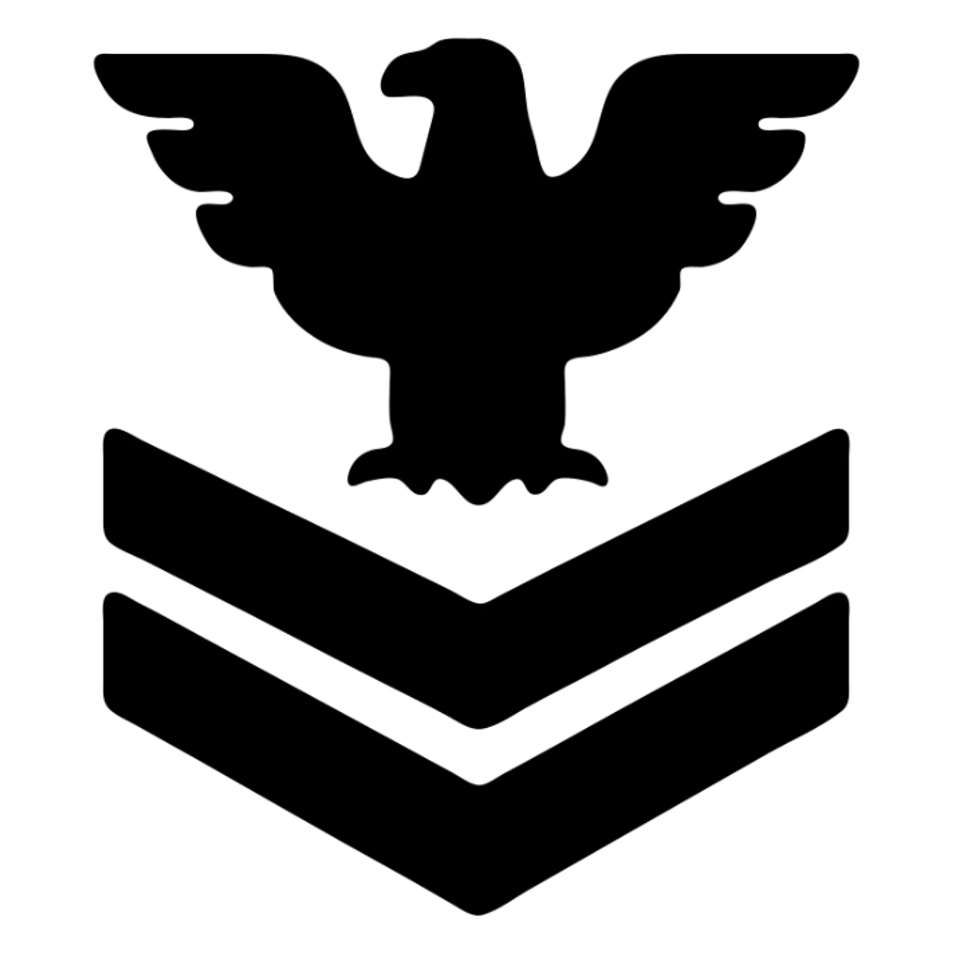 U.S. Navy E-2 insignia, gold eagle above two gold chevrons, blue background, clean vector icon sticker