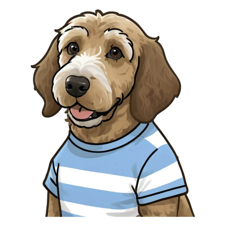 Dark brown fur Golden doodle wearing light blue & white striped tshirt sticker