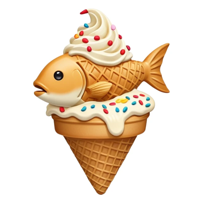Taiyaki ice cream cone, fish-shaped waffle with soft serve sticker