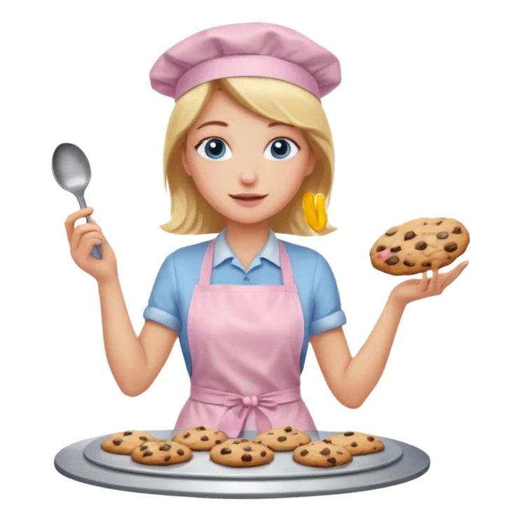Blond hair blue eye lady with a light pink apron making chocolate chip cookies sticker