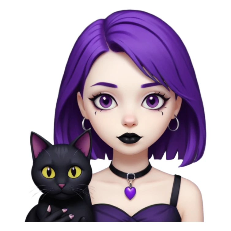 Goth purple woman with black cat. Animated sticker
