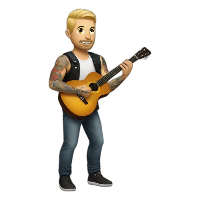 white man in with tattoos with a guitar sticker