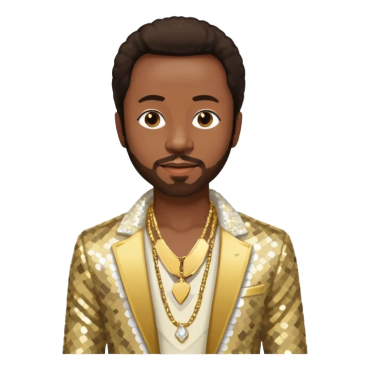 Maurice White from Earth Wind and Fire with dark brown hair, ivory sequin jacket, shirtless with necklace  sticker