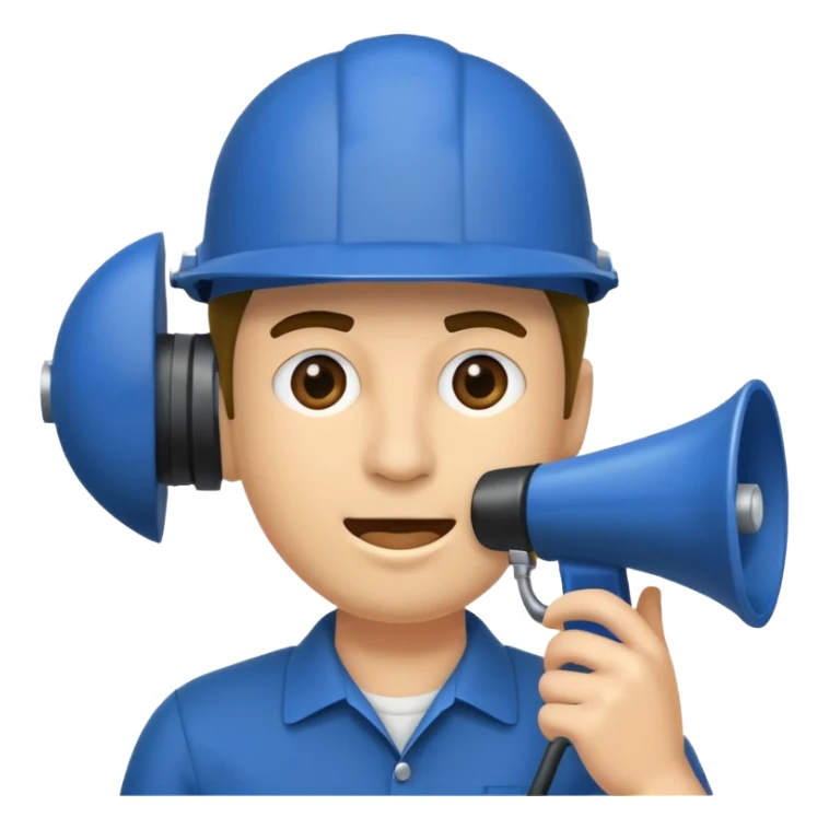 Um homem com capacete azul escuro segurando um megafone sticker