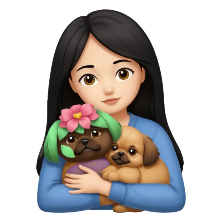 black hair girl hugging brown pegingese dog sticker