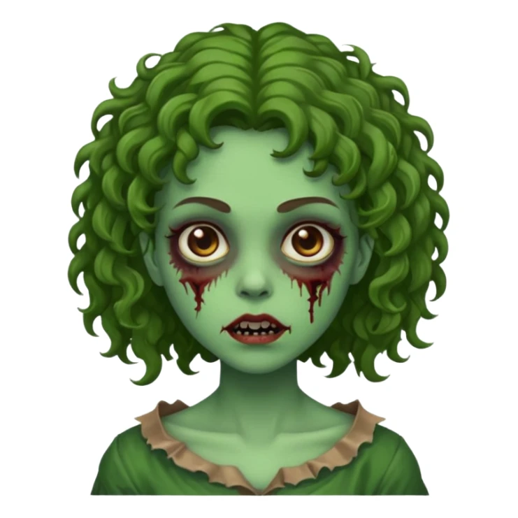 faça uma garota zombie, com a pele verde, cabelo castanho cacheado abaixo do ombro linda sticker