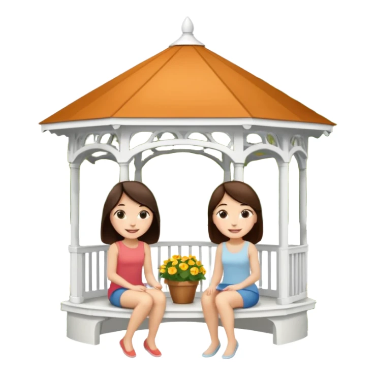Two small brunette women sitting under a large white gazebo sticker