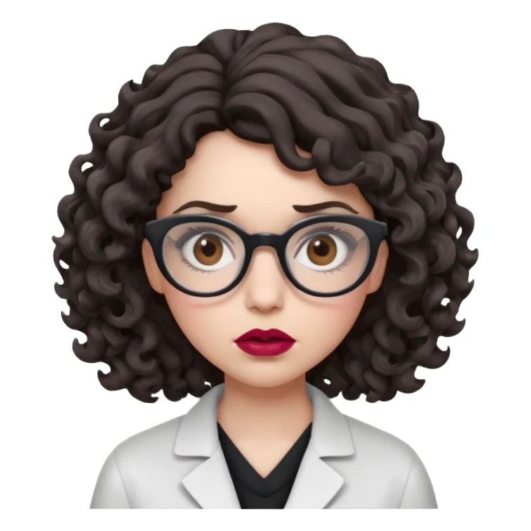 A crazy female scientist, with curly-wavy dark brown medium lenght hair, brown eyes and light grey glasses and pale skin and pinkish lips, dressed to look like an english teacher but in neutral tones like grey black white, maybe with the pop of dark red, she should look slighltly mad/crazy sticker