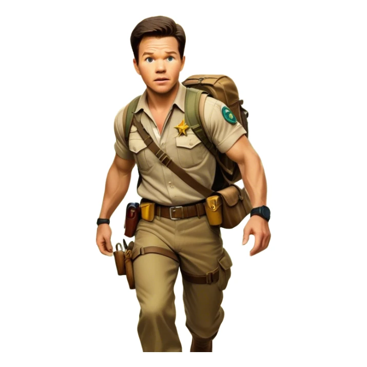 A vintage movie poster-style collage. Include action-packed elements like a treasure map, jungle scenes, a rugged explorer with a compass and a speeding jeep. Add a shadowy figure resembling close-up Mark Wahlberg in adventurous gear. Dramatic lighting, dynamic composition. Transparent background. sticker