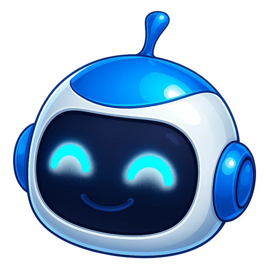 Robot head only, matching the style and colors of the reference robot (blue and white), extra shiny head, glowing blue eyes, cute and friendly expression, no background, in the style of the reference robot. sticker