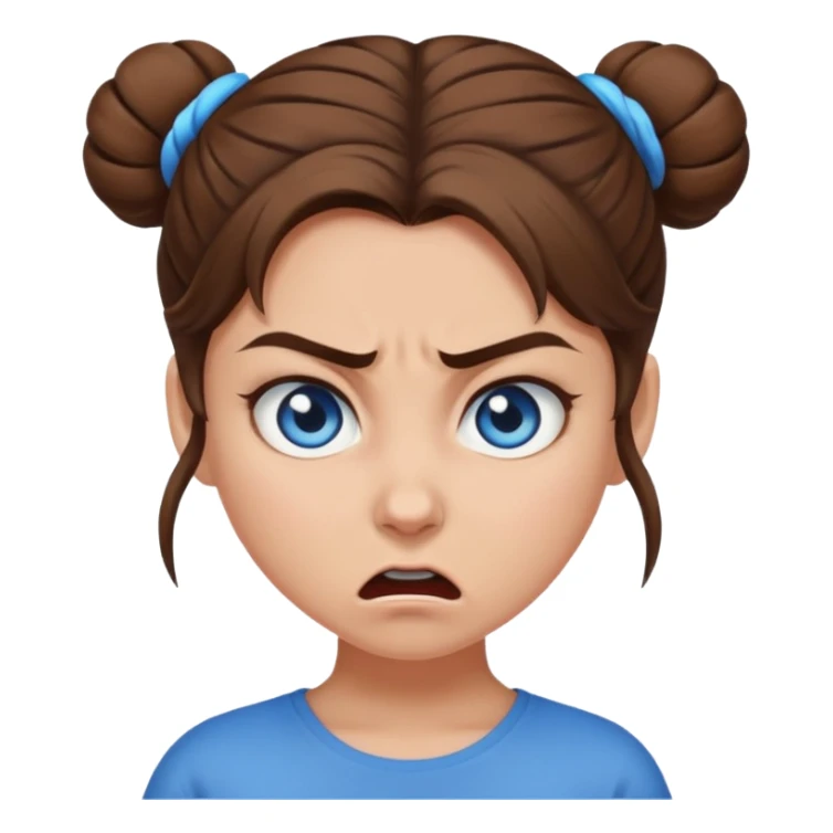 Girl with blue eyes, brown hair in a single bun, angry sticker