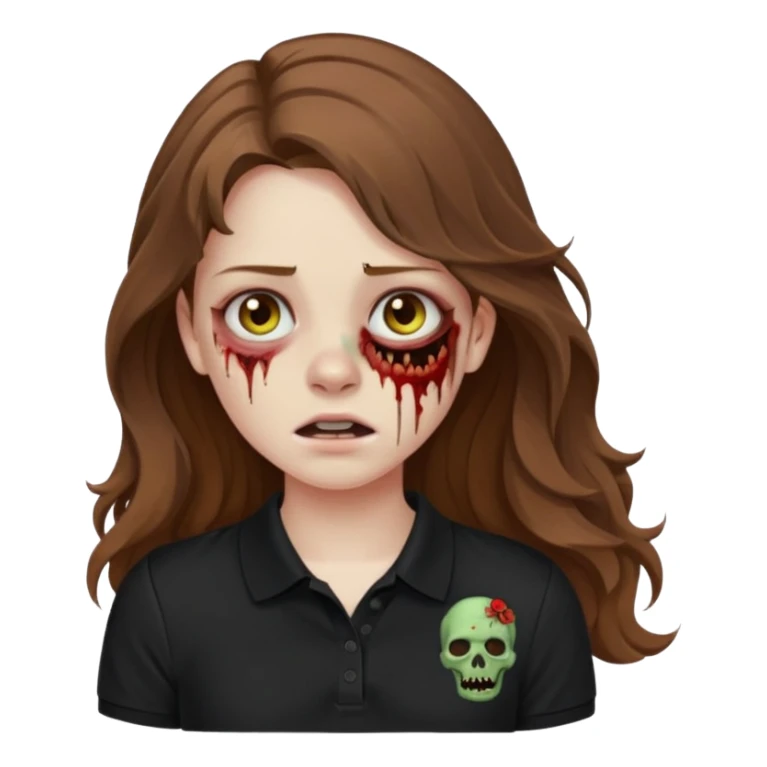 crie uma garota com ferimentos zoombie cabelo ondulado 2c longo castanho e blusa polo básica preta sticker