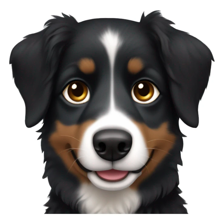 Small black australian shepherd dog with dark brown eyes and black face sticker