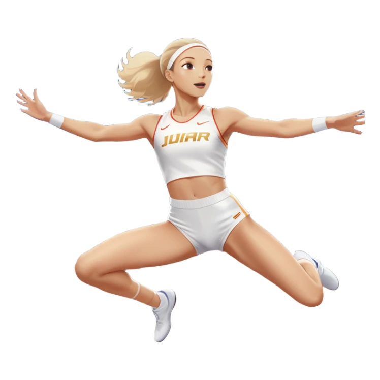 An icon featuring a female high jumper in mid-air, gracefully clearing a bar on a track. She wears a white athletic uniform and appears focused, with the background showcasing a vibrant stadium with cheering spectators and bright lights. Transparent background highlights the elegance  sticker