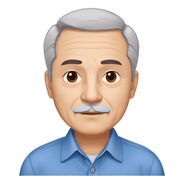 Older Hispanic man in his 60s with light skin, round face, wide jaw, broad cheekbones. Expressive dark brown eyes, thick eyebrows. Short gray/white hair with receding hairline. Well-shaved. Friendly expression. Wearing a button-down shirt in blue. sticker