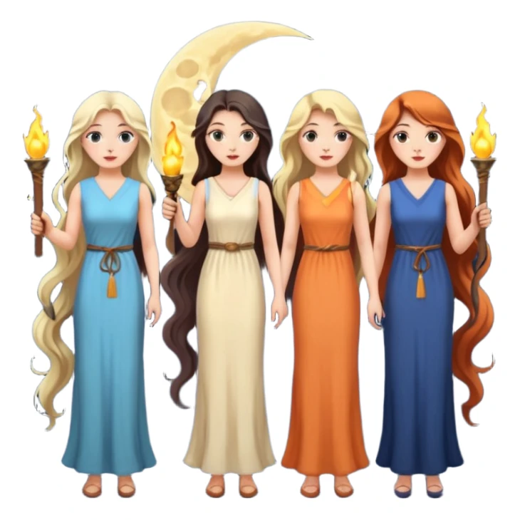 Three women with two torches and a moon sticker