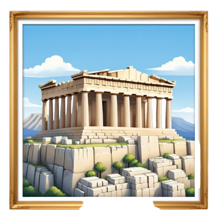 Cinematic Realistic Acropolis Landmark Emoji, showing the Parthenon standing proudly atop the Acropolis hill, with its marble columns glowing under the warm Athenian sunlight against a blue sky. sticker