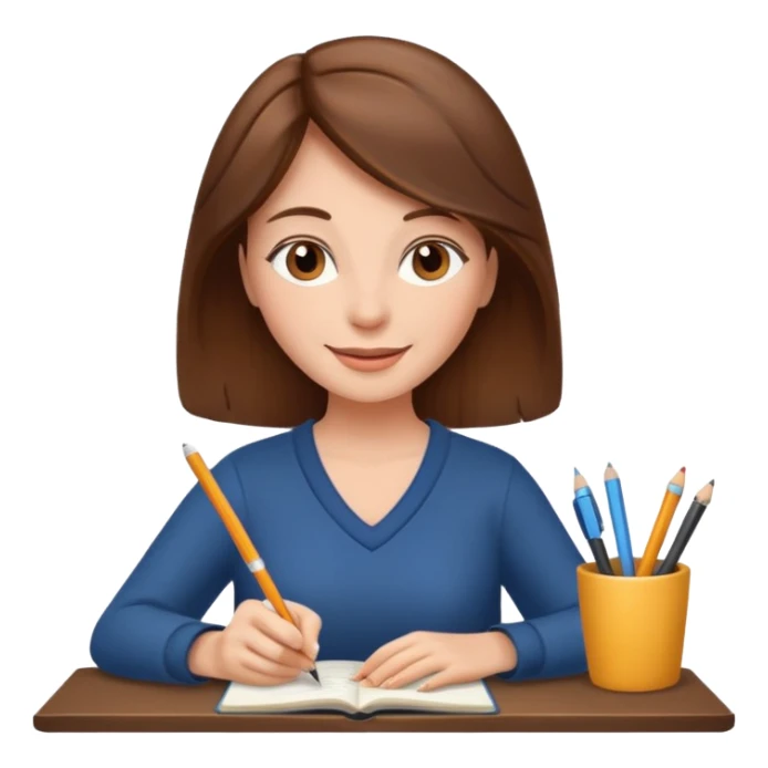 happy woman with brown hair writing a book sticker