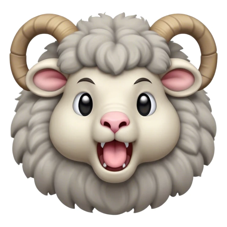 Cinematic Cute Yawning Ram Portrait Emoji, Head tilted slightly with a dramatic, wide-open yawn, showcasing a soft, woolly grey fur with gently drooping horns and ears, round dark eyes barely open in drowsy contentment, Simplified yet irresistibly adorable features, highly detailed, glowing with a soft, cozy glow, high shine, relaxed yet expressive, stylized with a touch of rugged whimsy, bright and endearing, soft glowing outline, capturing the essence of a sleepy yet affectionate ram, so drowsy it feels like it could stretch out of the screen and curl up for a nap! sticker
