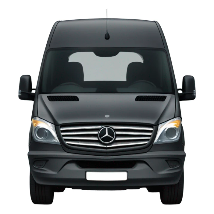 Dark grey Mercedes sprinter van with two round circle headlights that are yellow  sticker
