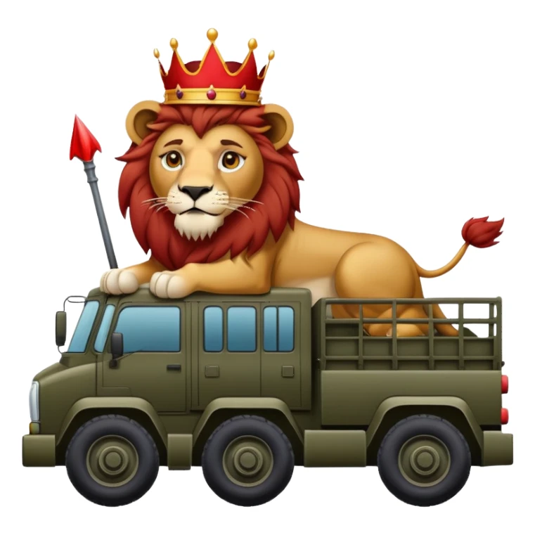 A lion on an army truck with a red crown on his head  sticker