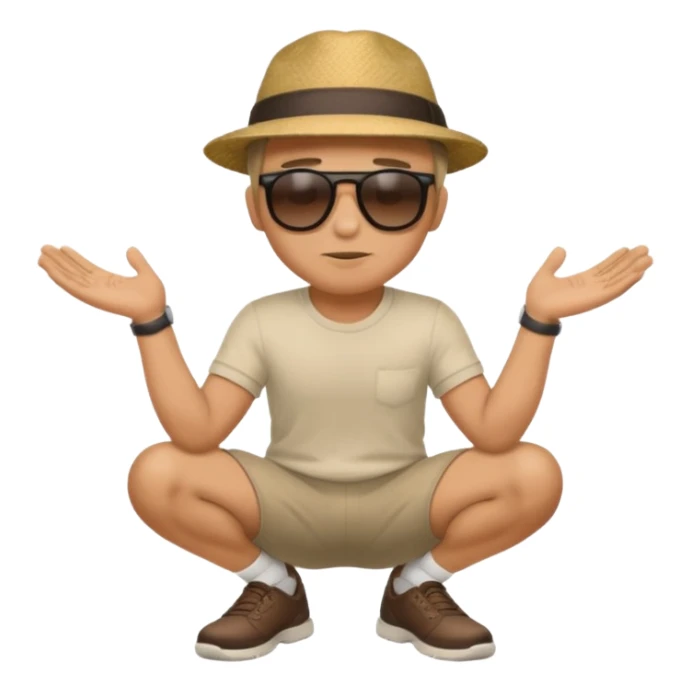 A man squatting down and holdig his hand flat a bit above the ground sticker