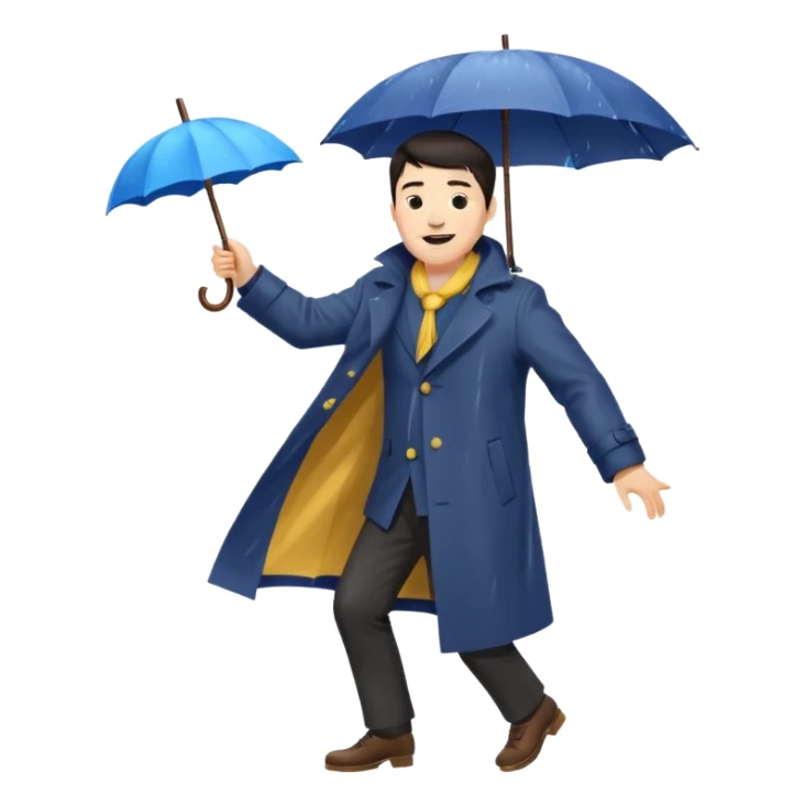 A dark-haired boy with a white beard dancing with an umbrella in the rain sticker