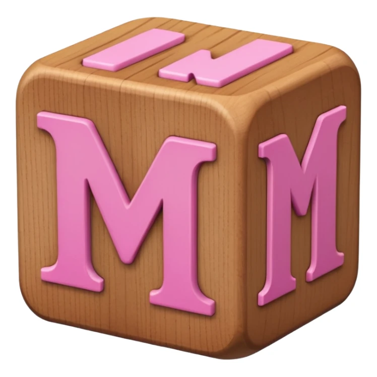 A rounded toy block with the pink letter "M" on it sticker