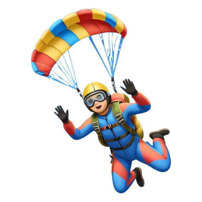 Colorful emoji. A skydiver free-falling through the sky, with a brightly colored parachute open above them. The background features a vast blue sky dotted with fluffy clouds, birds soaring nearby, and a plane flying off in the distance, emphasizing the thrill and freedom of the sport. sticker