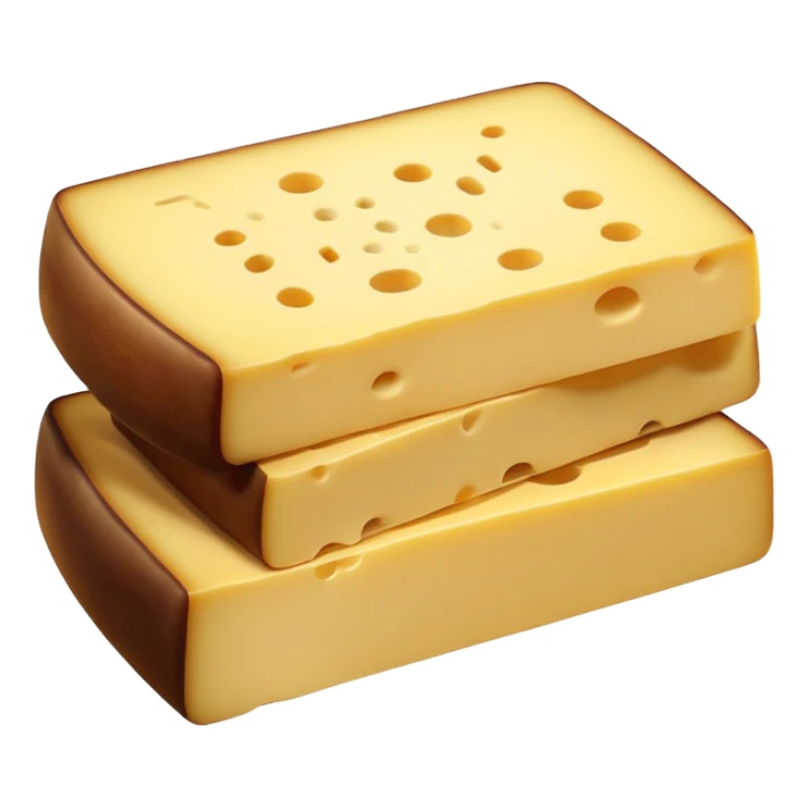 realistic raclette cheese, one or two semi-thick rectangular slices, pale yellow, smooth, darker rind, creamy firm texture, subtle sheen, stacked or fanned, no grill, potatoes, or faces, clean 3D, soft lighting, transparent background, emoji scale sticker