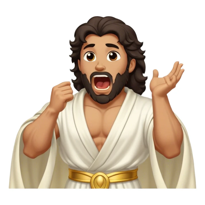 Cinematic Realistic Hercules Portrait, head tilted slightly with a dramatic, wide-open yawn, capturing a moment of relaxed vulnerability in this Disney-inspired Greek hero reminiscent of Michelangelo's David. His idealized bronze skin and thick, wavy dark hair maintain sculptural perfection even in repose, while his flowing white robe with understated golden accents softly catches ambient light, revealing a tender glimpse of serene, timeless strength. sticker