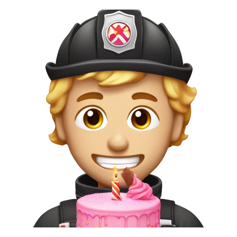 Caucasion male Firefighter eating pink birthday cake sticker