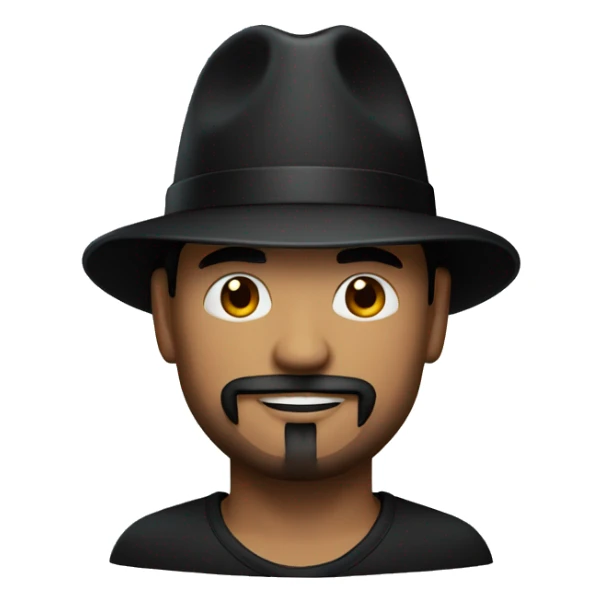 Man with bright red skin, black fedora and black goatee sticker