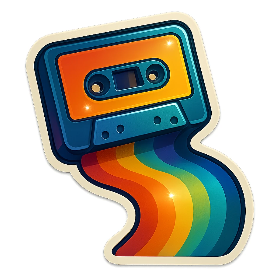 a cassette tape with a rainbow trail, retro sticker style sticker