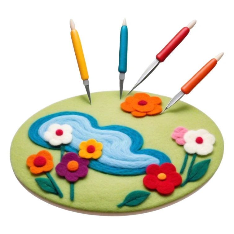 Felt art creation icon, layers of colorful felt being carefully shaped with felting needles into a large picture or decorative design, visible hand tools like felting needles, no finished artwork, just the process of felting, minimalistic style, clean lines, transparent background. sticker