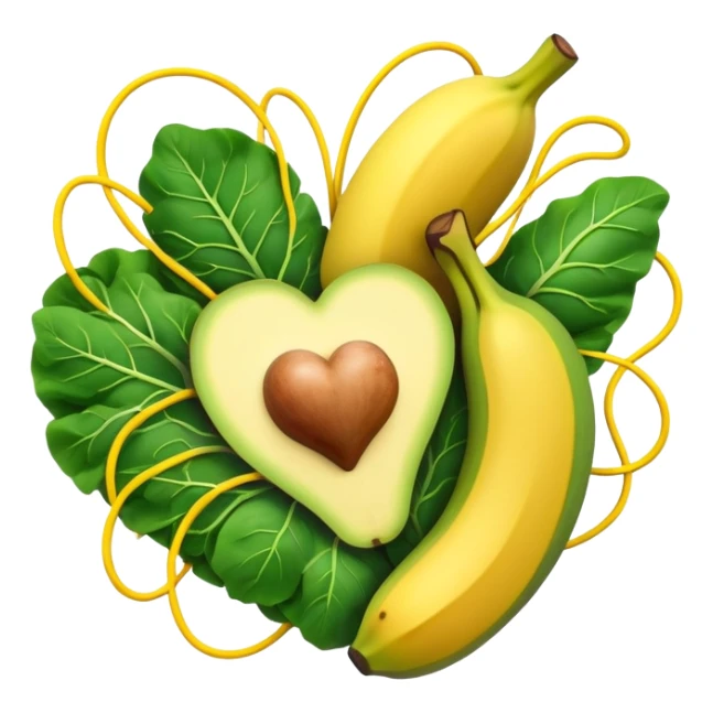 Banana, avocado, potato and leafy greens emitting electrical sparks that flow toward a heart and nervous system. The electrical currents connect the potassium-rich foods to muscles and nerves, highlighting potassium's role as the body's electrical rhythm keeper. sticker
