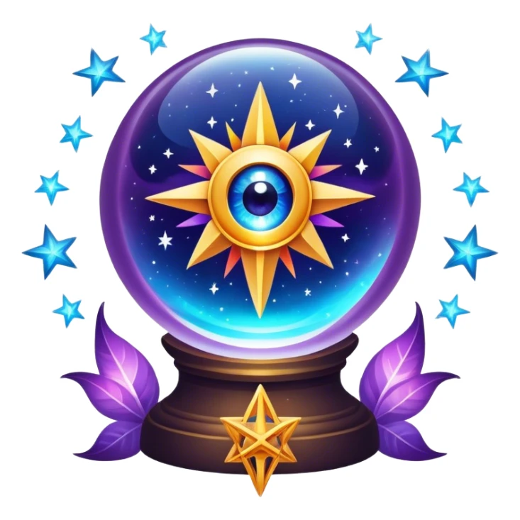 A vibrant, mystical icon symbolizing fortune telling and esotericism. Include elements like a crystal ball, tarot cards, stars, and mystical symbols with a glowing, ethereal feel. The design should be colorful, eye-catching, and evoke a sense of magic and mystery. sticker