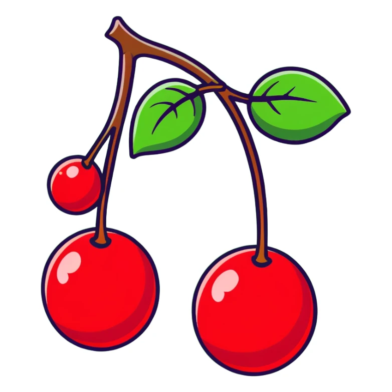 Two plump red cherries hanging from a small branch with green leaves sticker