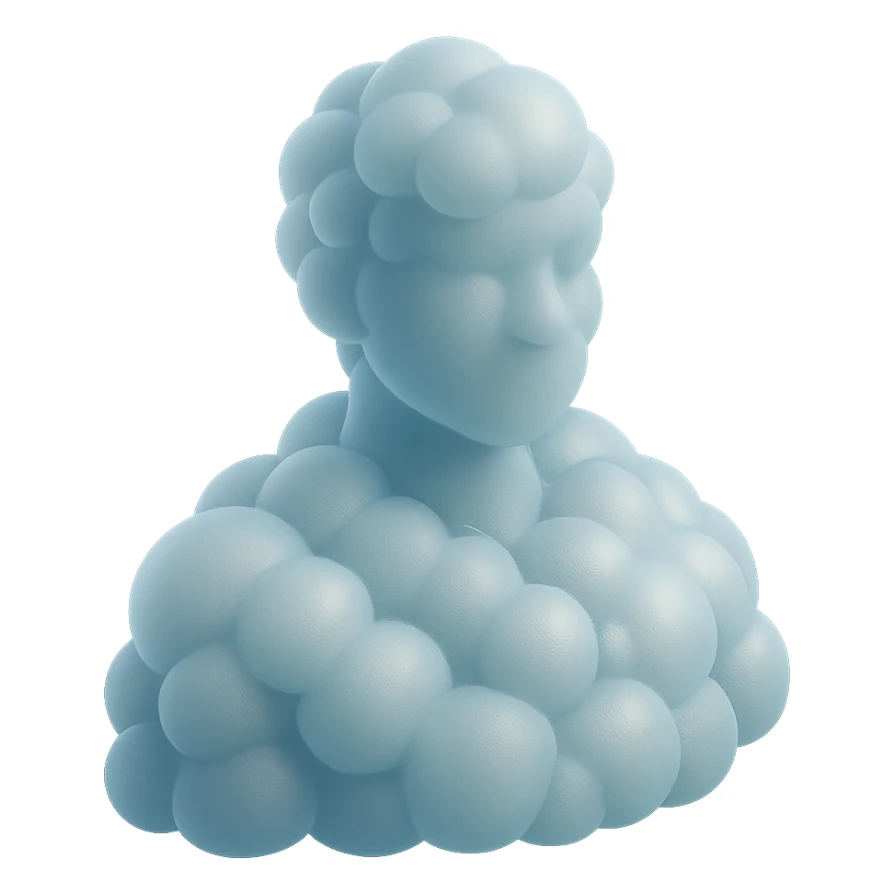 person from shoulders front view, fully composed of bright convex clouds, face also made of clouds, matte glass style sticker
